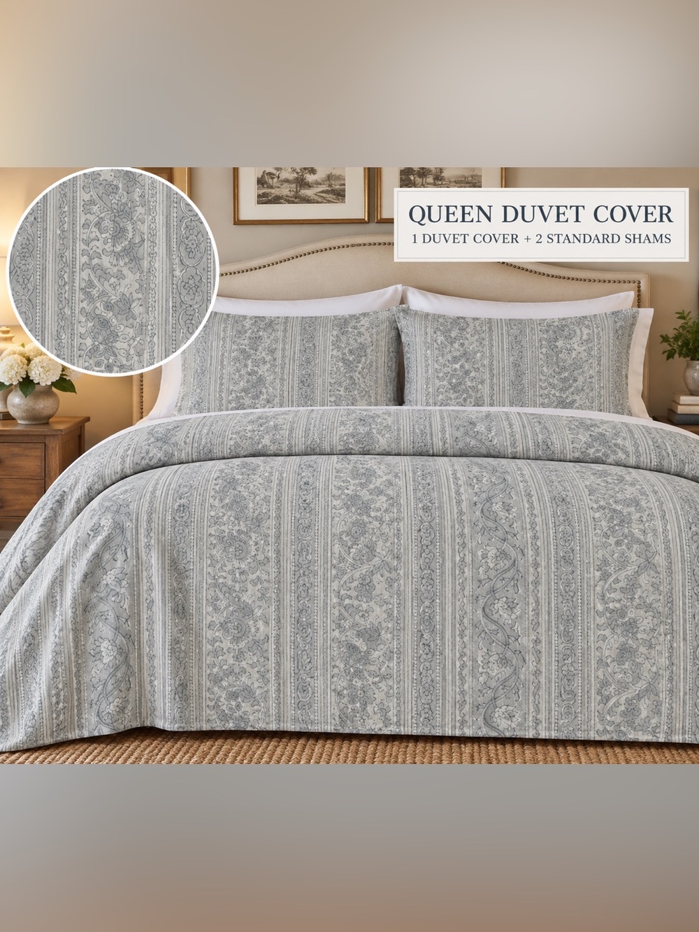 Pottery Barn Floral Stripe Queen Duvet Set in Gray and Cream
